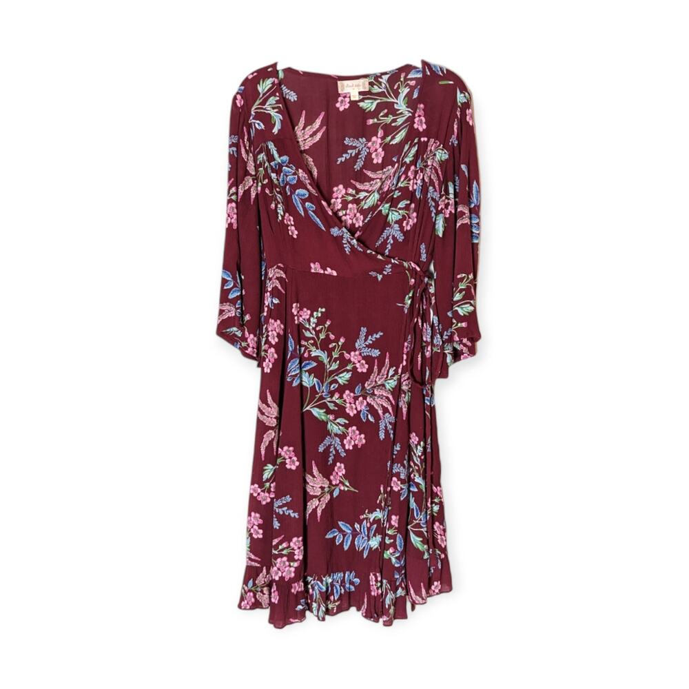 Altar'd State Burgundy Floral Faux Wrap Gauzy 3/4 Sleeve‎ Midi Dress Size Medium